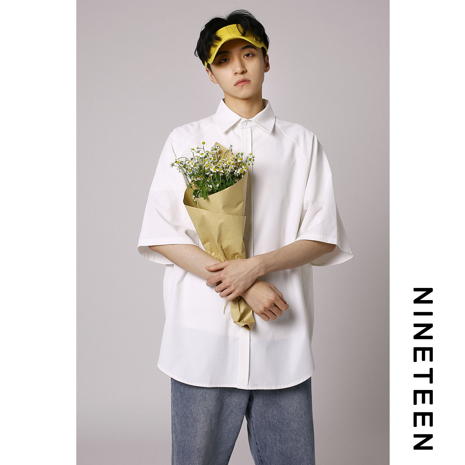 十九秋/夏季新款港风宽松短袖衬衫纯色百搭五分袖半袖衬衣学生男