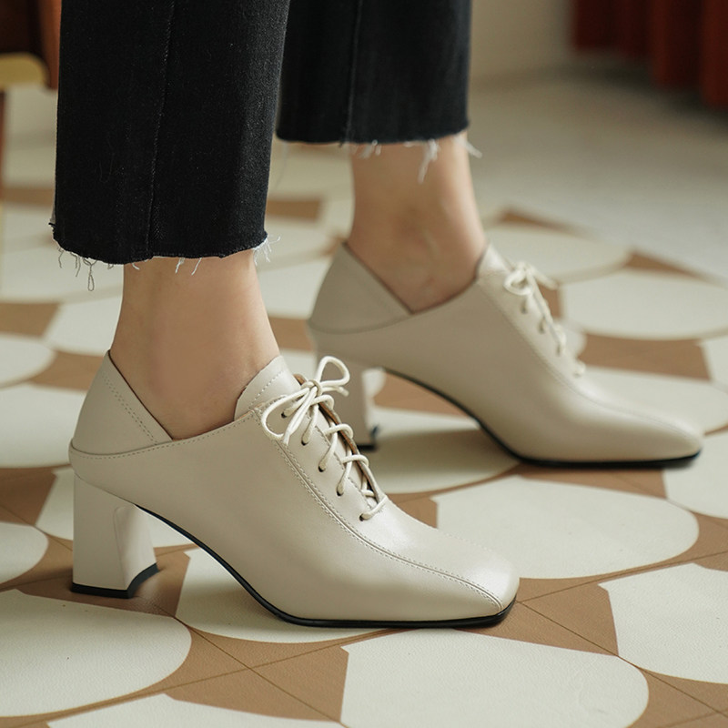 2021秋季新款米白白色真皮高跟鞋系带粗跟深口单鞋