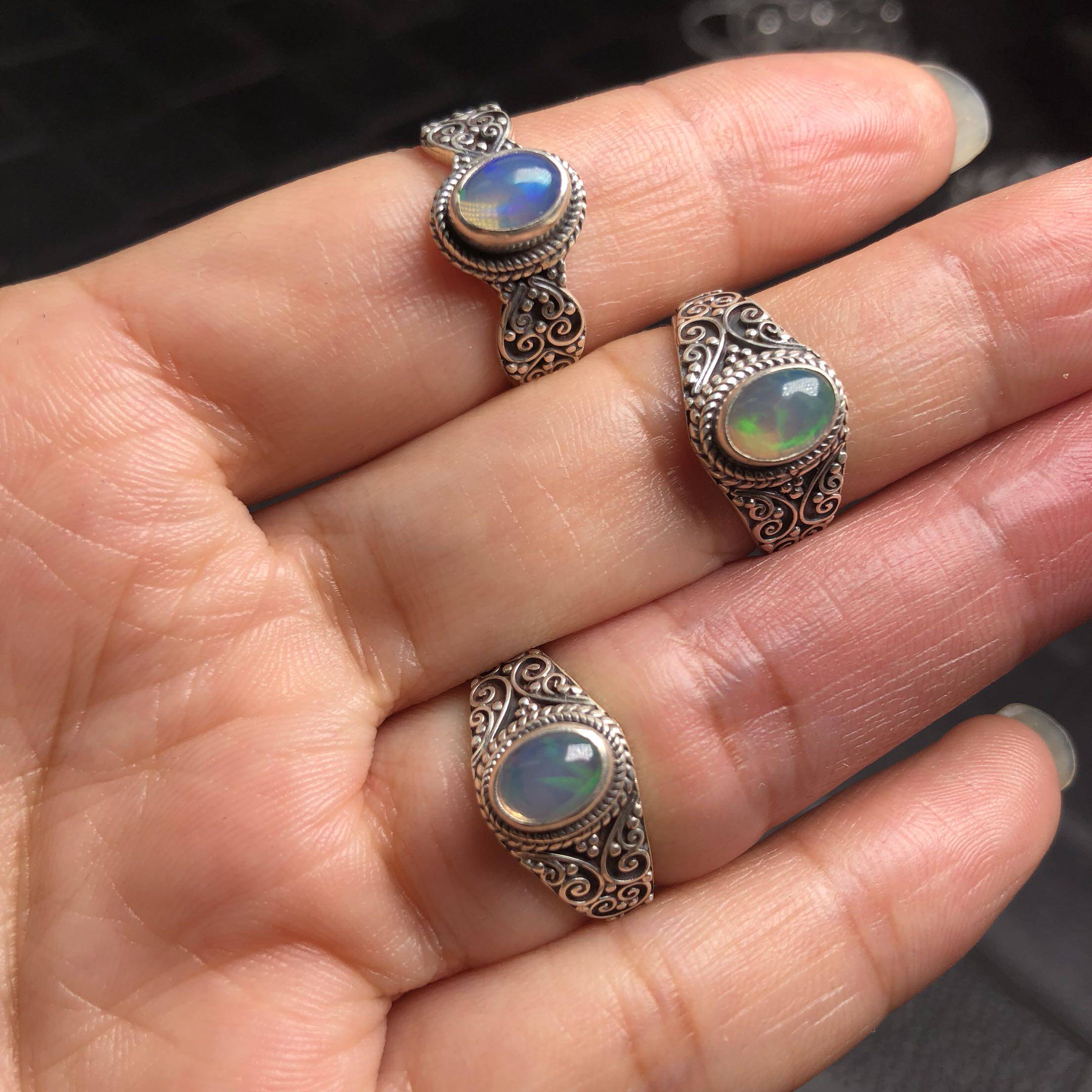 纯天然欧泊戒指925银活口女 尼泊尔纯银饰品 欧泊石高品质火彩好