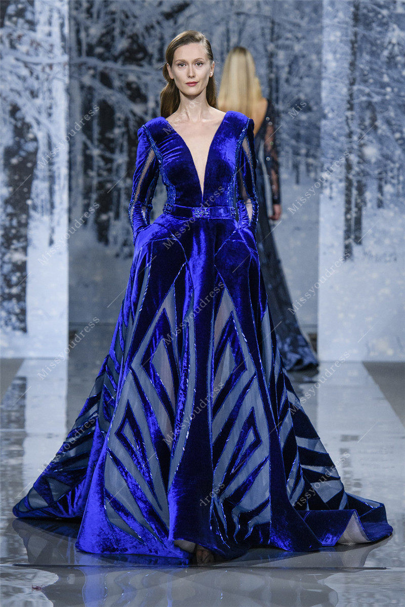 高端新款宝蓝蓝色丝绒长袖显瘦年会酒会颁奖典礼礼服