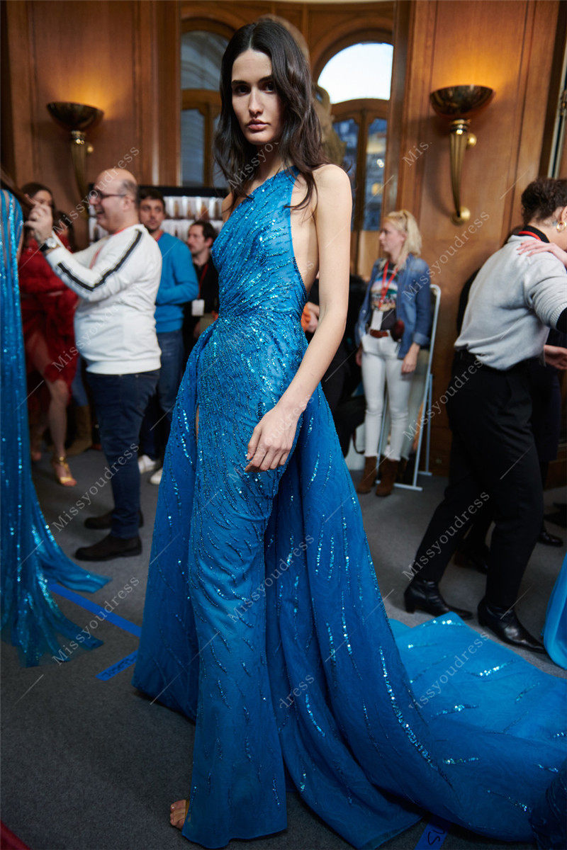 高端新款蓝色单肩高开叉奢华宴会酒会走秀比赛礼服
