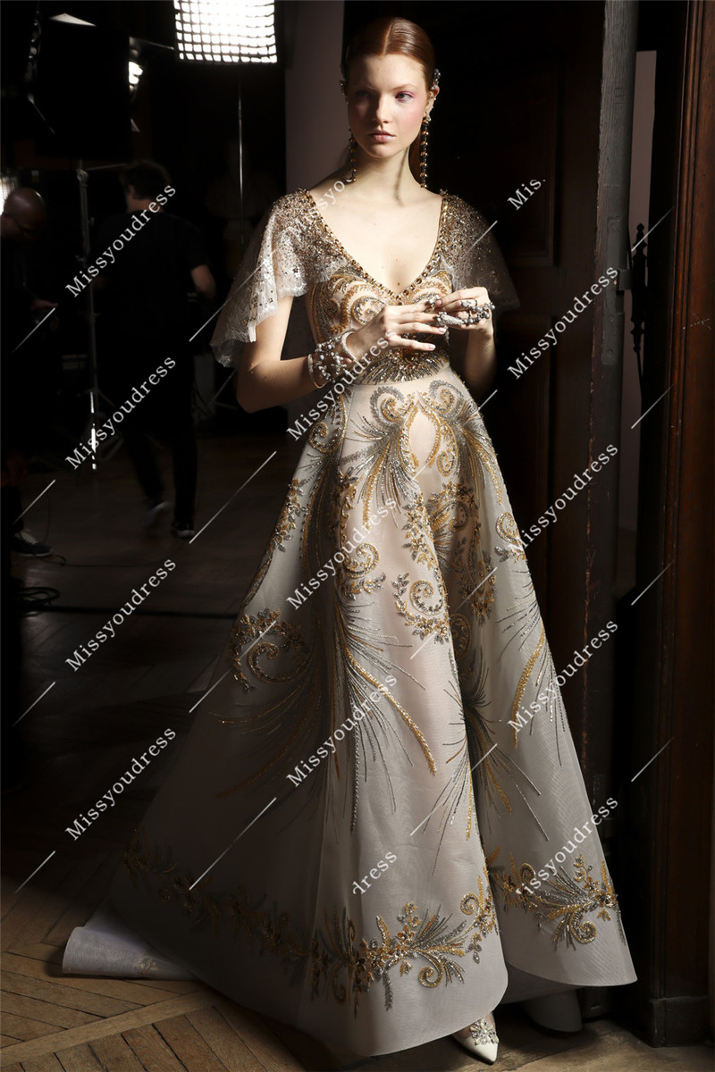 2021欧美奢华金色精致重工晚礼服新娘年会宴会礼服