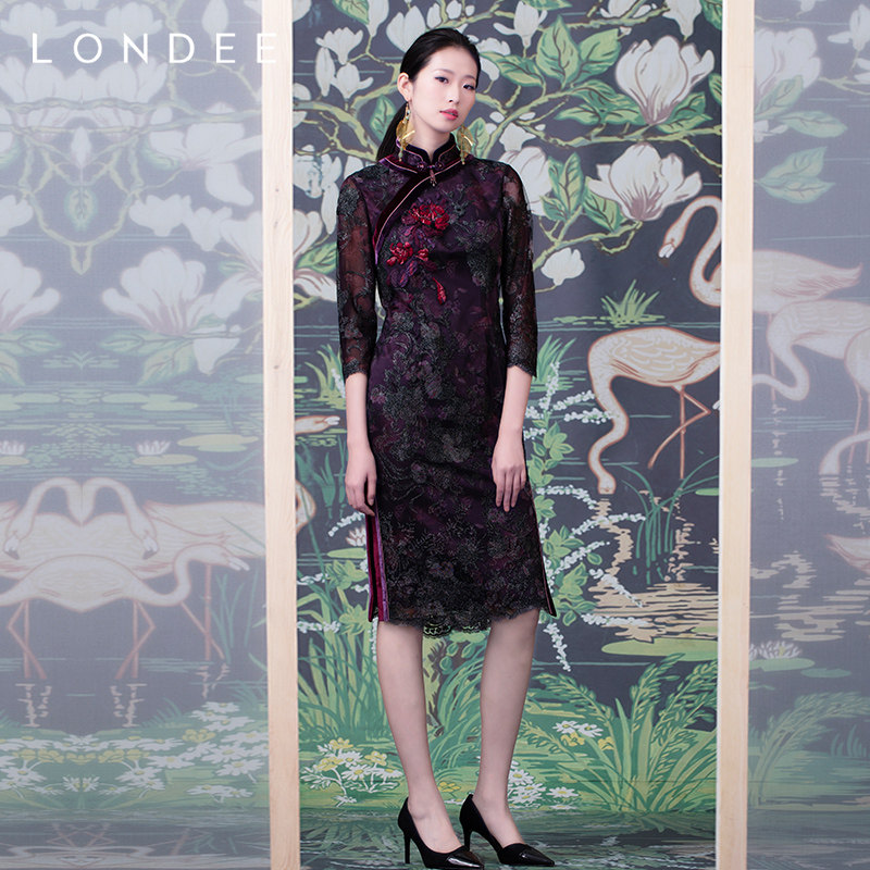 londee龙笛新款桑蚕蚕丝蕾丝优雅拼接连衣裙女式旗袍