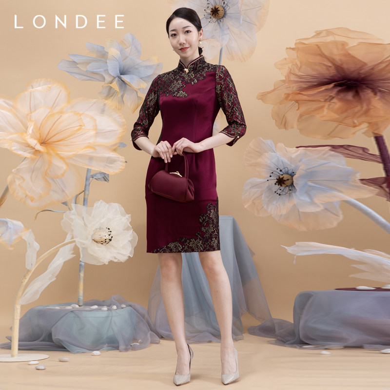 londee龙笛新款典雅传统蕾丝拼接修身旗袍1t21151旗袍