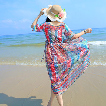 Bohemian ຂະໜາດໃຫຍ່ summer chiffon slimming seaside vacation beach dress mid-sleeve dress loose long skirt