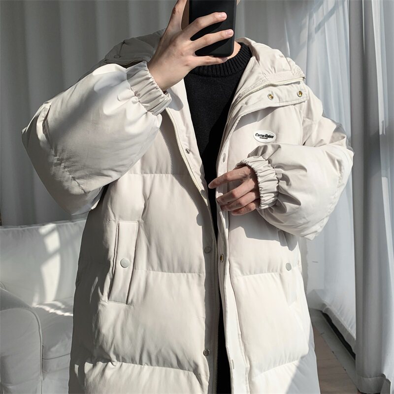 > > @方少男装 冬季中长款棉衣男连帽ins潮流宽松学生加厚帅气面包服