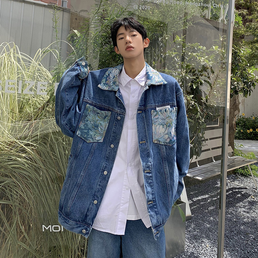 @方少男装 秋季英伦ins痞帅宽松夹克男复古油画质感印花牛仔外套