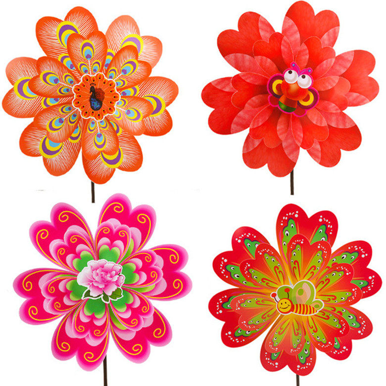 旋转七彩大风车立体卡通动物花朵向日葵双层布艺装饰儿童户外玩具