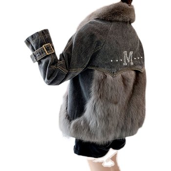 Haining 3 ດູໃບໄມ້ລົ່ນແລະລະດູຫນາວຜະລິດຕະພັນໃຫມ່ຫນຸ່ມ denim ສີດໍາ imitation down jacket imitation fox fur coat ແມ່ຍິງ slimming