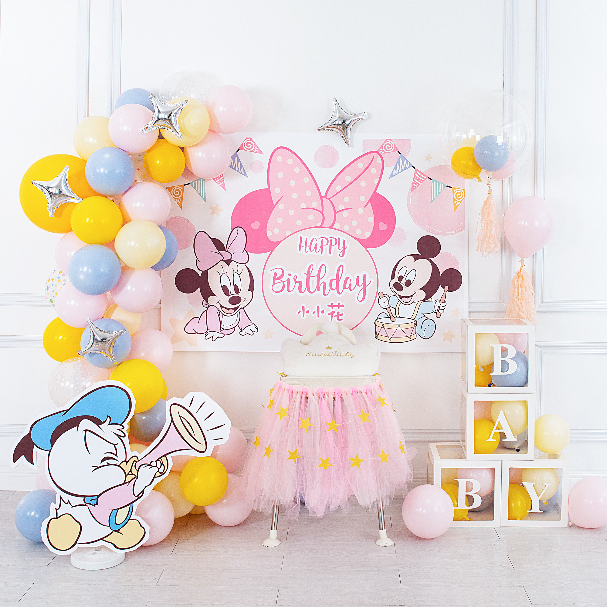 宝宝1周岁生日装饰米妮米奇主题气球场景布置儿童百日宴会背景墙2