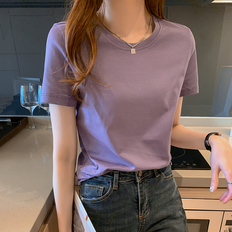 短袖正肩t恤女纯棉夏季新款百搭小个子短款体恤修身显瘦紫色上衣