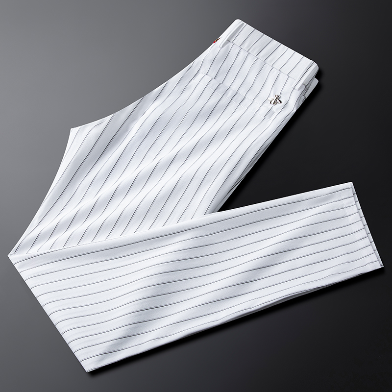 杰克查尔斯夏季薄款白色条纹休闲裤男修身弹力男士简约裤子小直筒