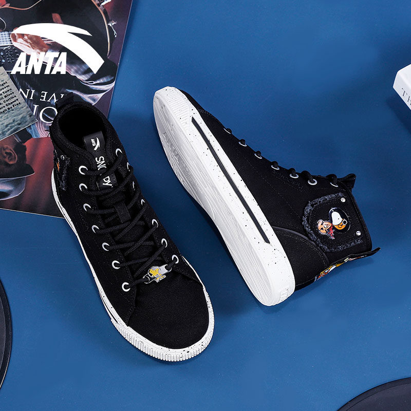 安踏史努比联名款高帮帆布鞋女鞋秋冬季黑色色板板鞋