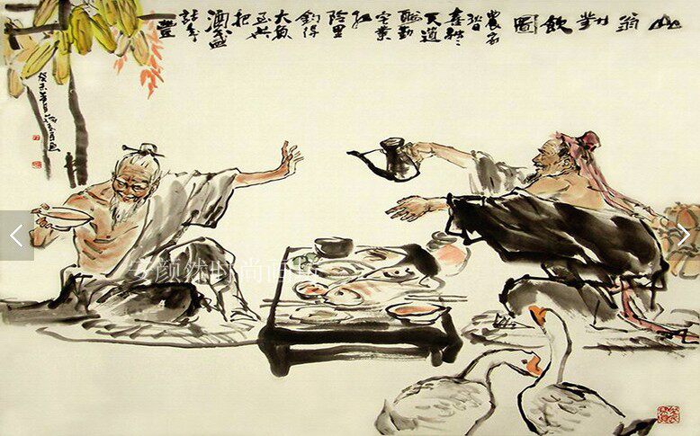 中式对饮图怀旧复古酒背景墙装饰画酒坊餐饮店定制无纺布墙纸壁画