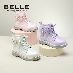 百丽童鞋小女孩公主靴女童马丁靴冬季2025新款加绒保暖时尚短靴子