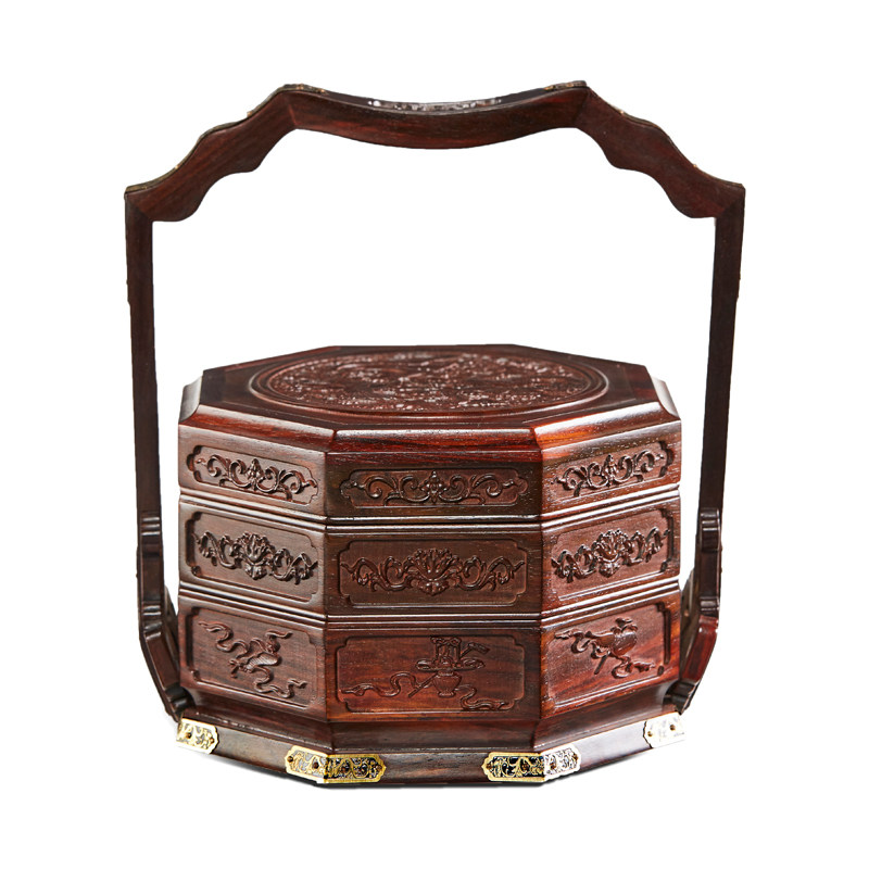 大红酸枝食盒红木八角三层提盒中式复古实木木雕