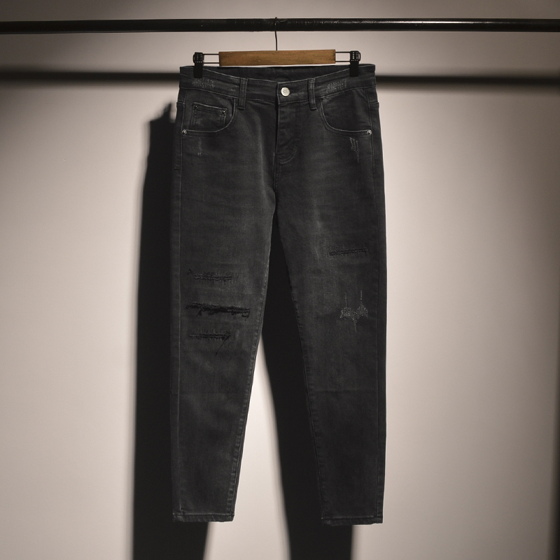 春秋弹力黑色补丁九分牛仔裤男士鸟店男装韩版潮流修身小脚乞丐裤