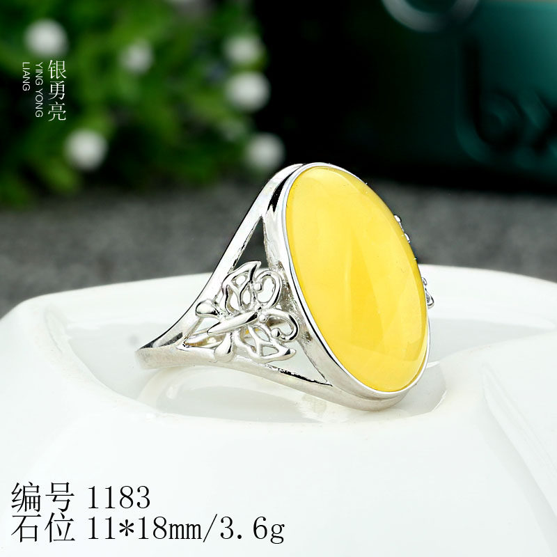 s925镶嵌宝石蜜蜡琥珀银托免费戒托定做活口戒指