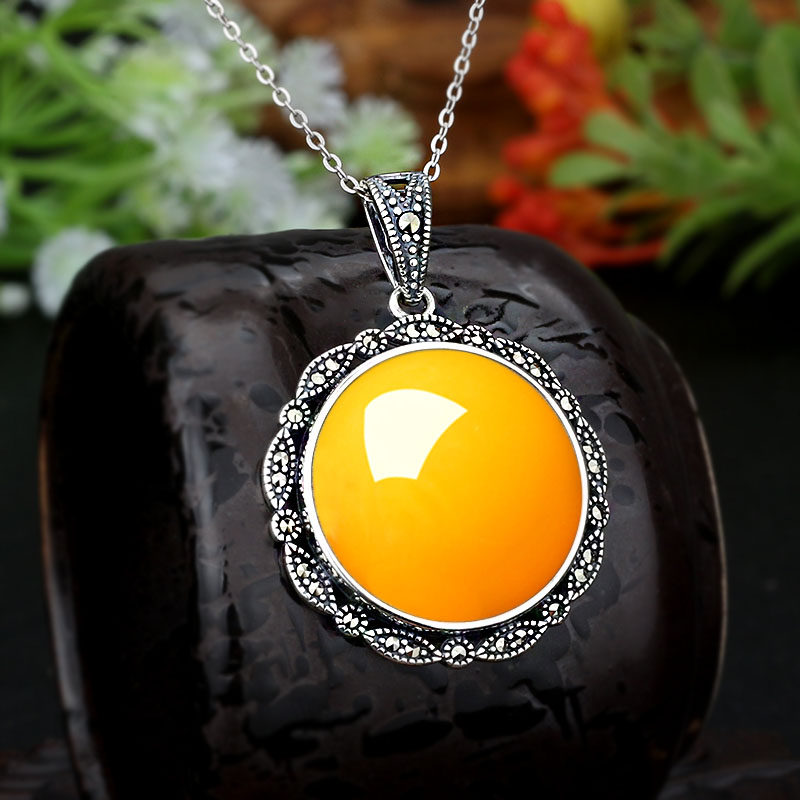 吊坠s925纯银女款复古镶嵌蜜蜡琥珀宝石圆形项坠