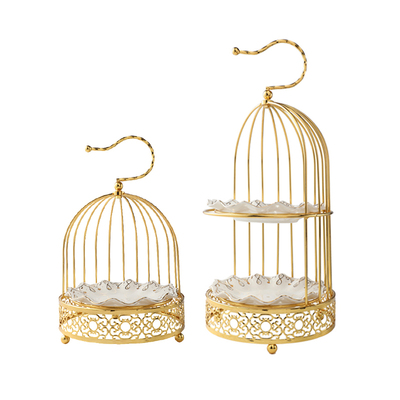 欧式鸟笼点心架创意双层甜品台金色蛋糕托盘美式家用客厅铁艺摆件