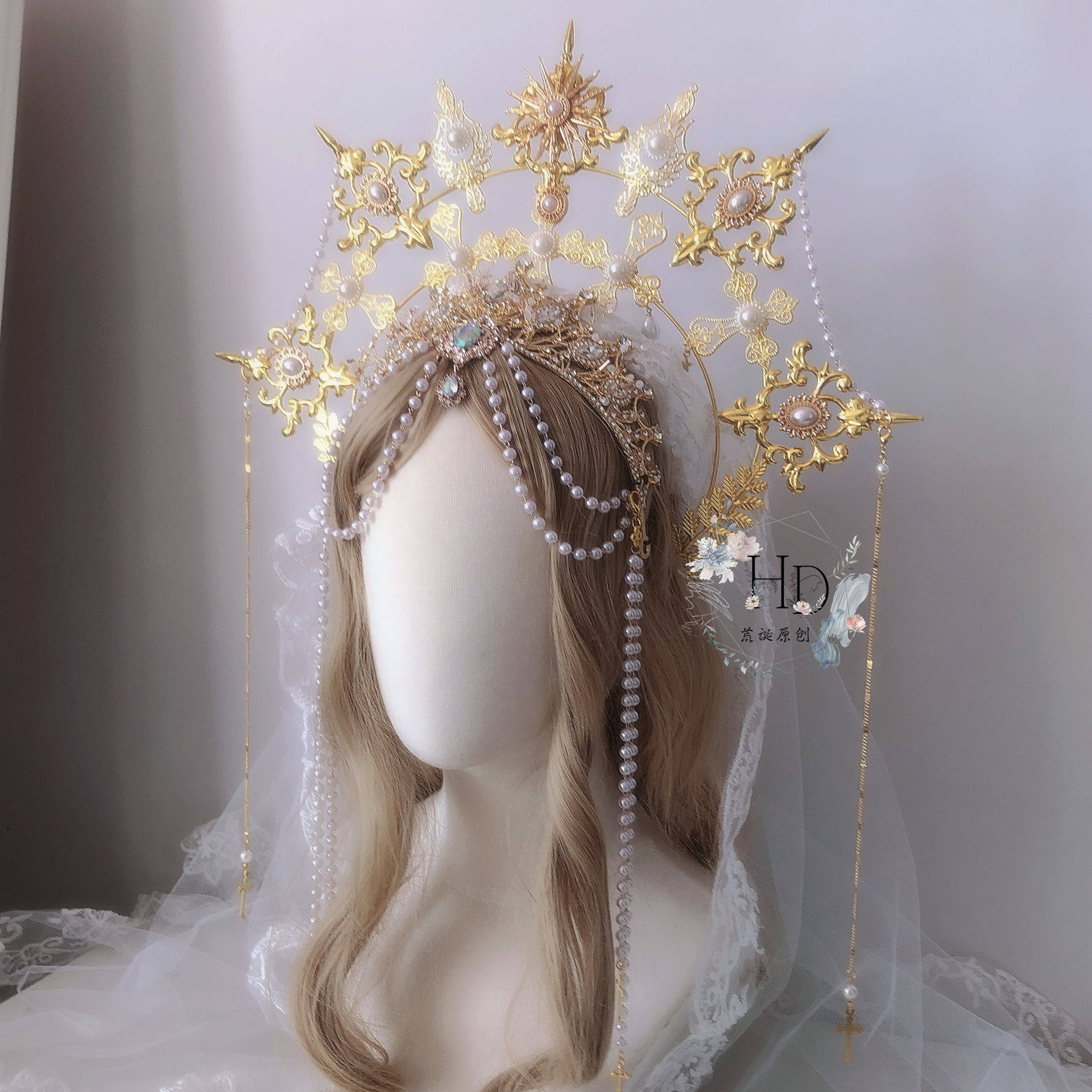 洛丽塔lolita原创水晶圣母光环环发珍珠流苏王冠发饰
