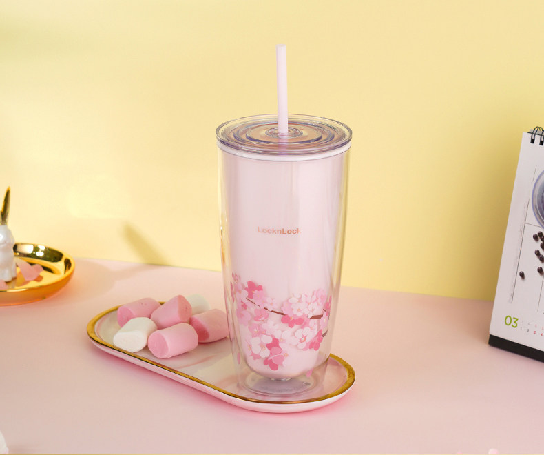 乐扣乐扣樱花吸管大人ins少女大容量塑料可爱奶茶吸管杯