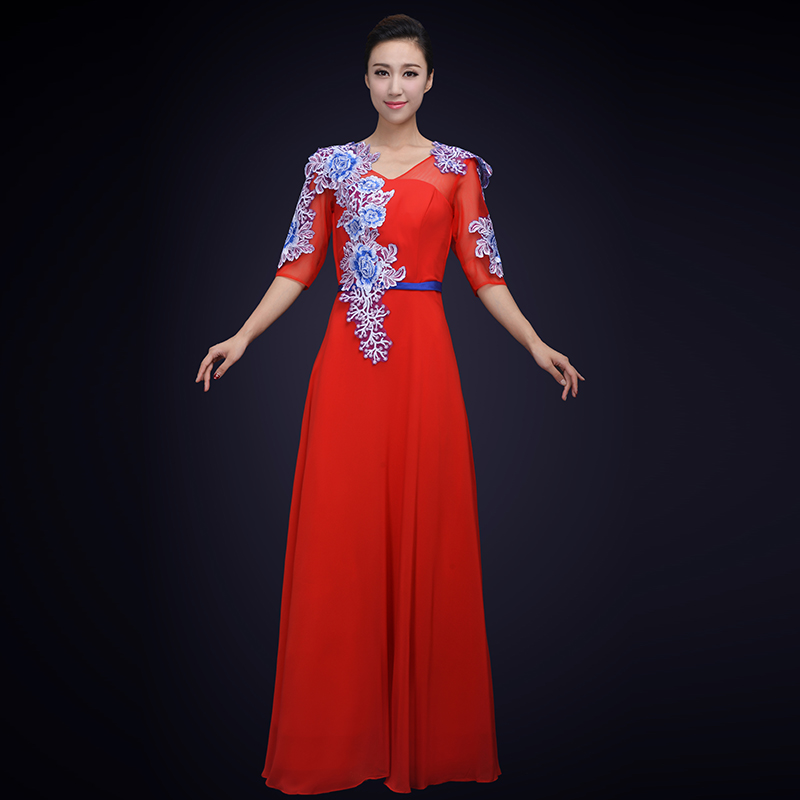 新款大合唱演出演出服服装长裙春秋合唱指挥中老年民族服装