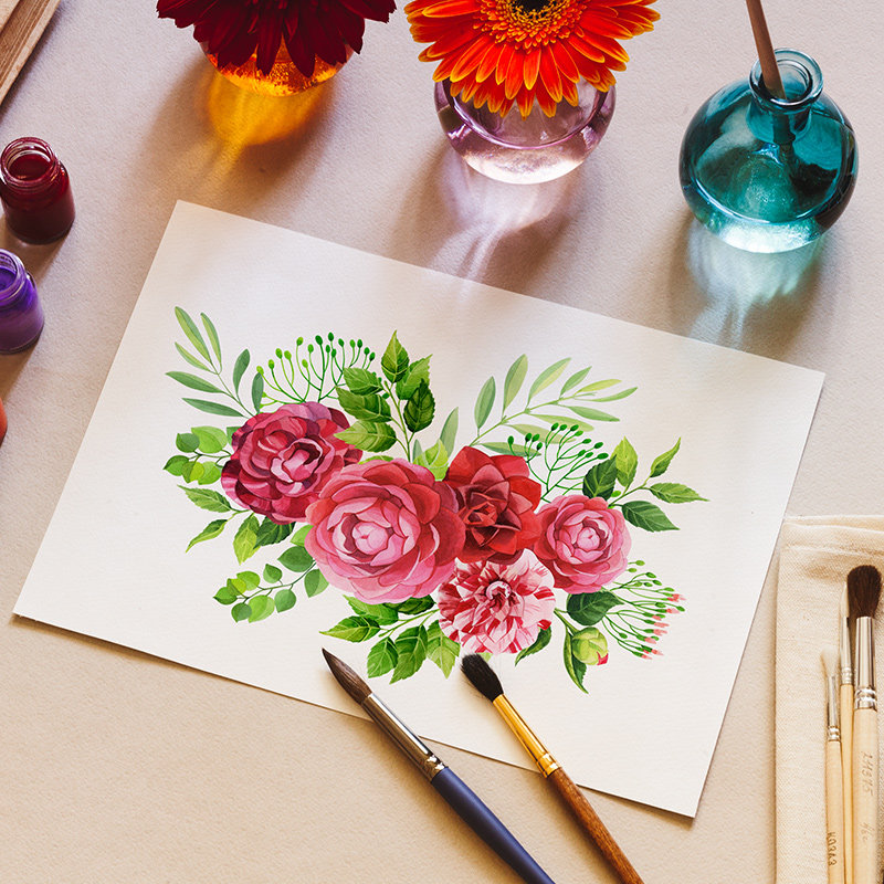 水彩手绘玫瑰花月季花花卉花纹边框花环装饰美化设计素材