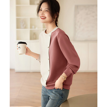 XWI/Xinwei Casual Stitching Simple Contrast Color Sweater Women's Spring Fashion Versatile Irregular Design Round Neck Top