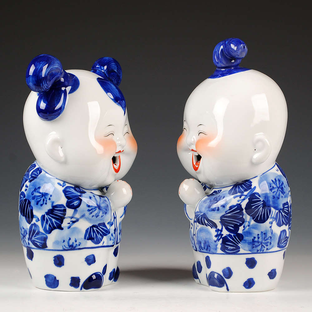 景德镇陶瓷青花娃娃摆件现代中式客厅家居喜庆工艺品摆设结婚礼物