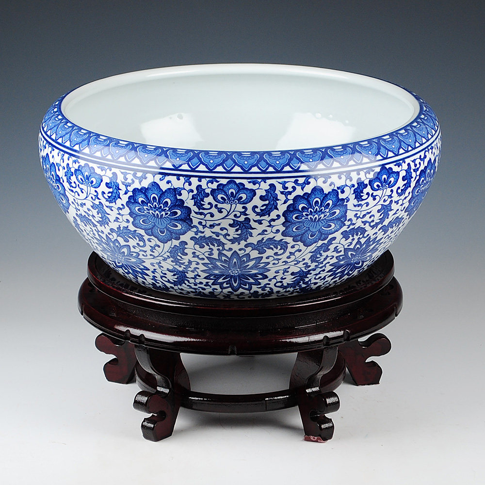 景德镇陶瓷器 青花瓷水浅大金鱼缸乌龟缸睡莲水仙花盆摆件 大号