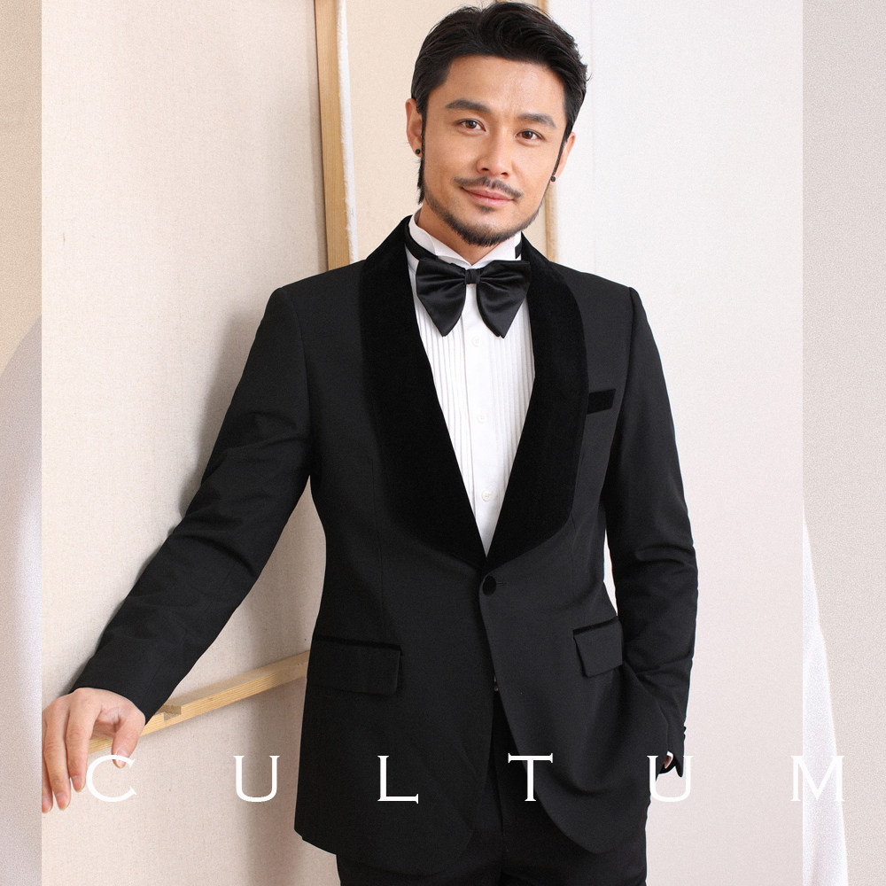 韩版金丝绒单排修身婚礼宴会结婚新郎西服套装西服