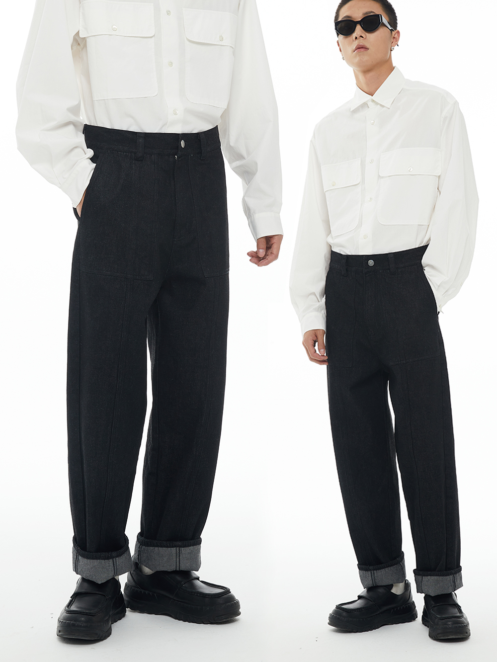 FERMENTEDSHIRT/2020AW黑色水洗拼接设计宽松直筒休闲牛仔长裤