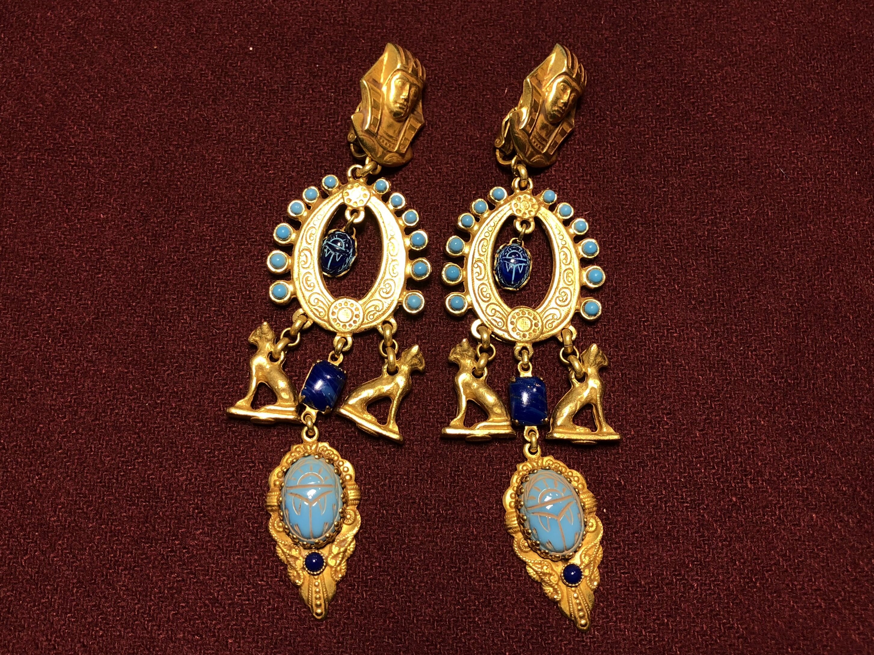 kyvintageaskewlondon收藏埃及复兴法老王圣甲虫鎏金耳夹