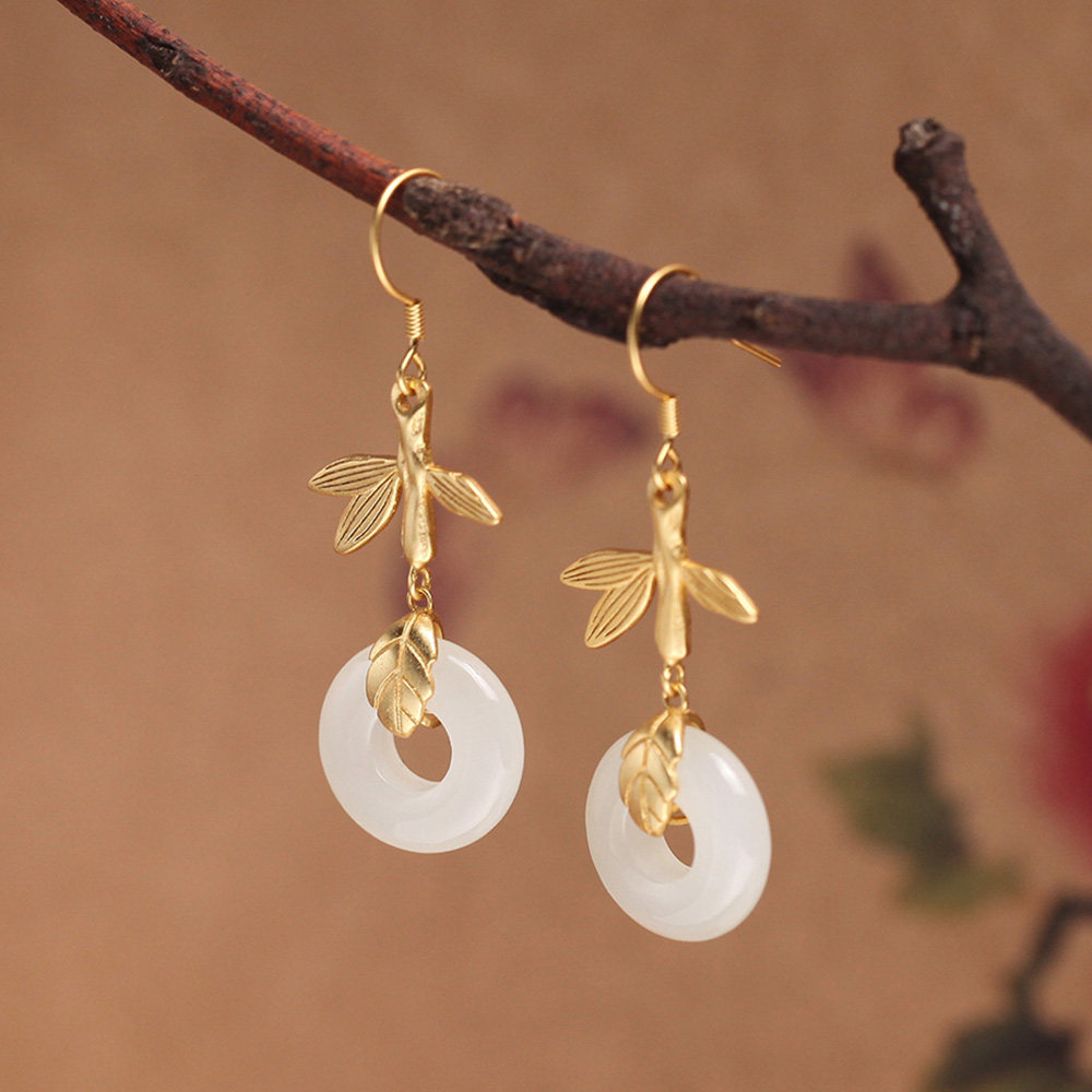 s925古典中国国风和田玉平平安扣竹报平安耳环女耳耳环