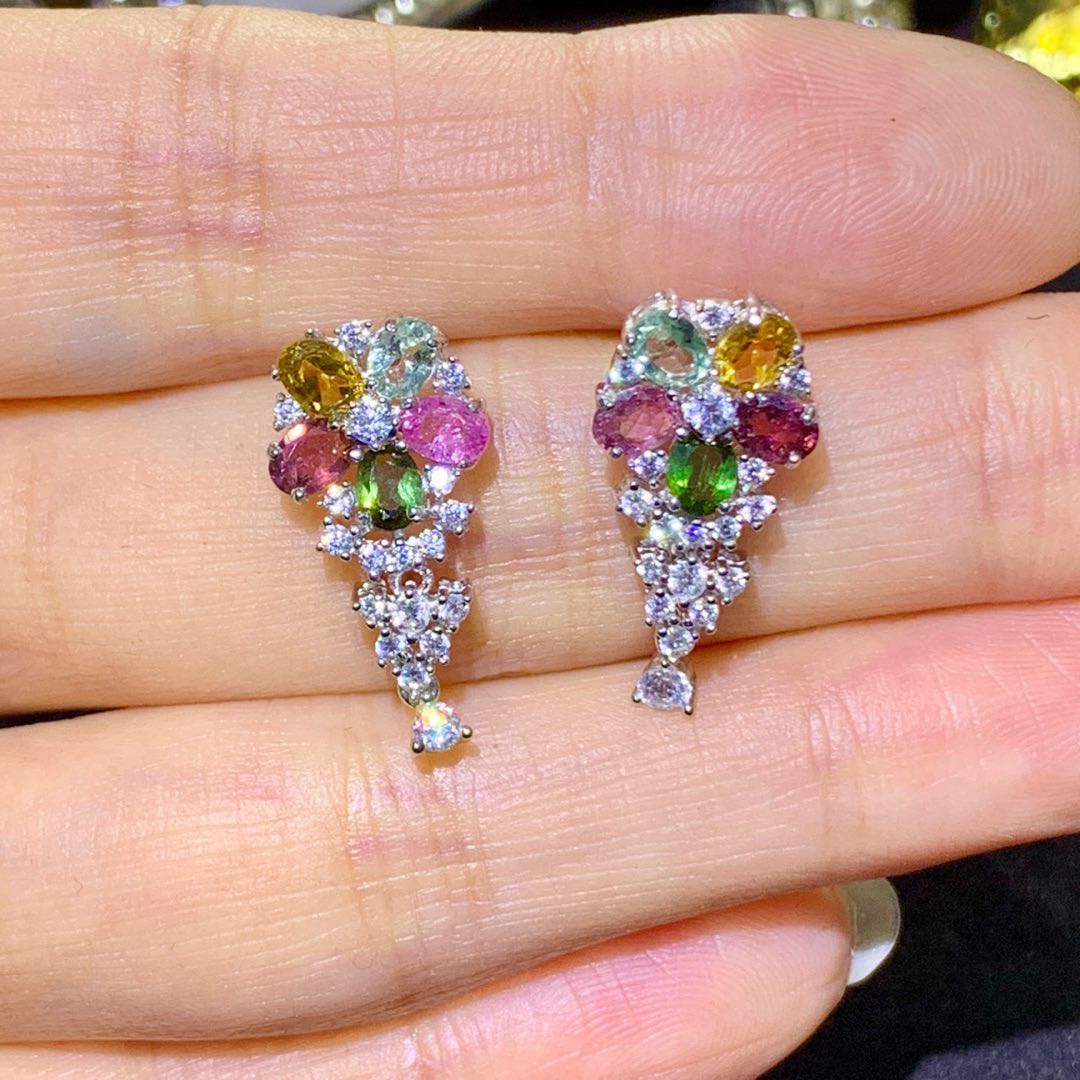 镶嵌天然碧玺耳钉火彩爆闪颜色漂亮糖果色搭配耳环