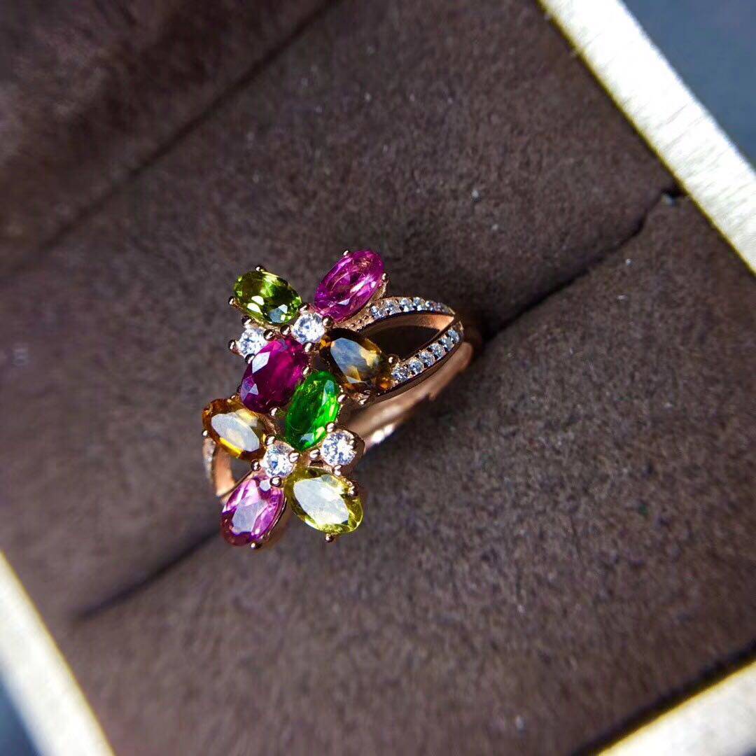 碧玺戒指天然彩色糖果银白金色玫瑰戒指