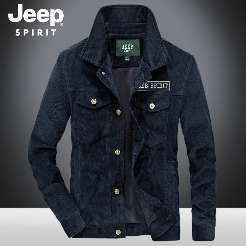 吉普灯芯绒外套男士秋季新品商务休闲茄克翻领纯棉多口袋中年夹克