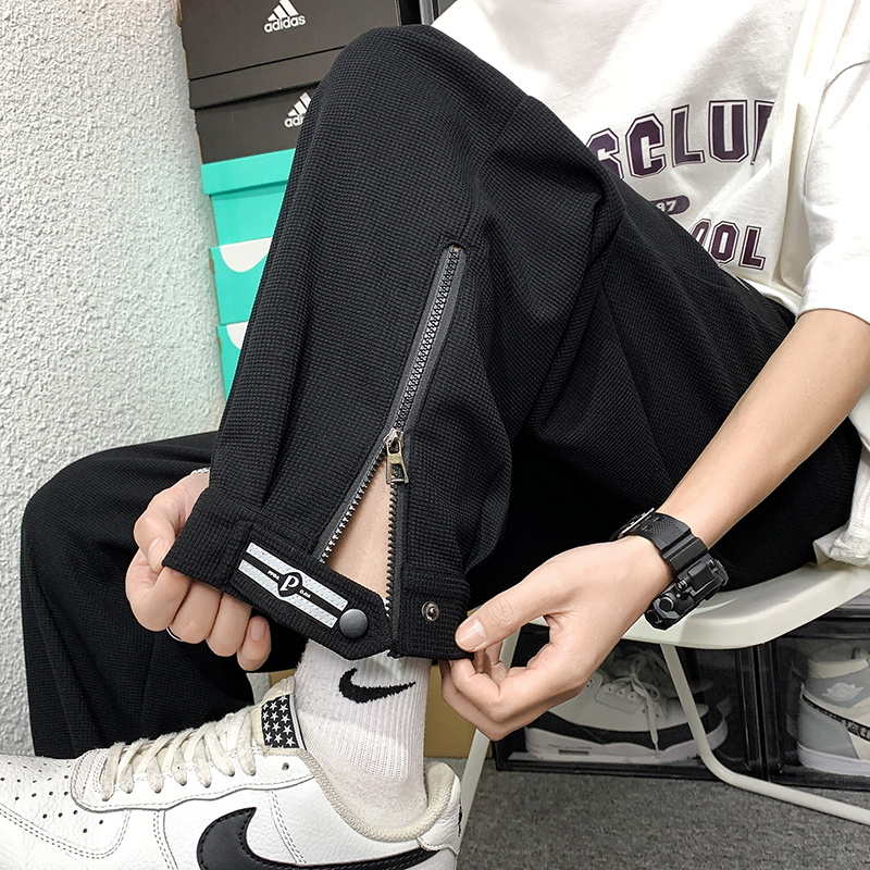 夏季潮牌休闲薄款华夫格裤男士高街宽松大码束脚运动裤九分裤男