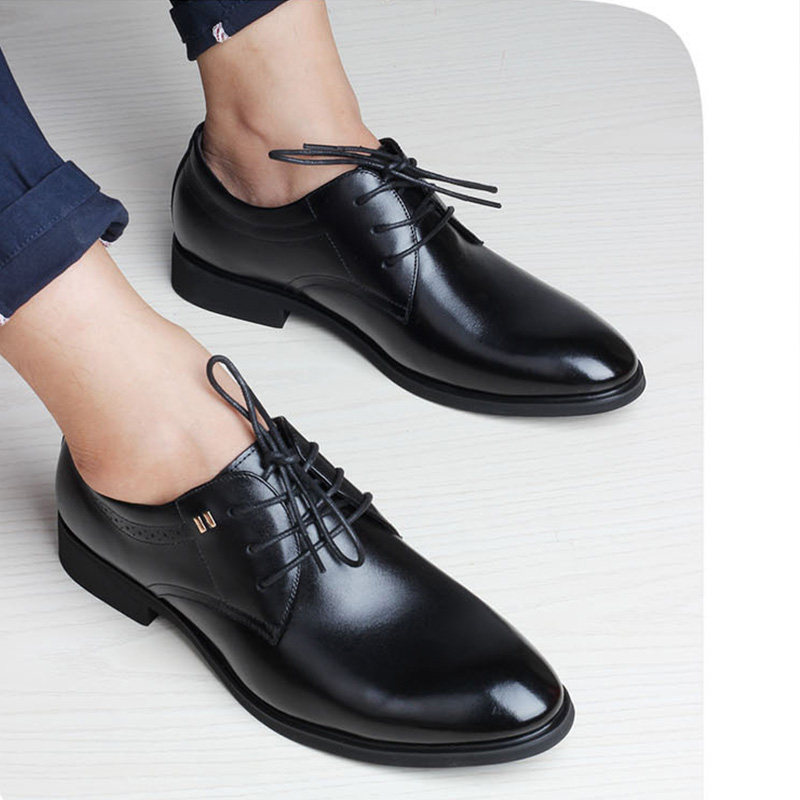 九狮图青年正装皮鞋男真皮尖头内增高商务男鞋黑色系带新郎结婚鞋
