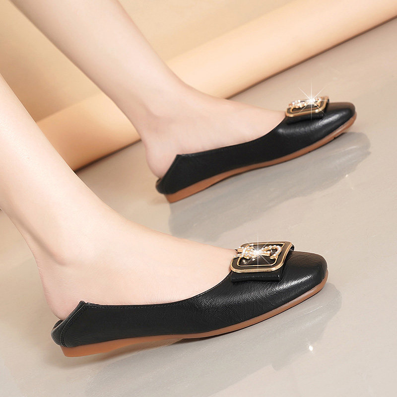 真皮足意尔康2021春季新款百搭浅口平底瓢鞋小香风网红方头单鞋女