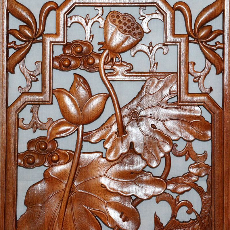 东阳木雕挂屏荷花鲤鱼仿古中式挂件镂空家居饰品木雕