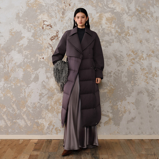 【御风系列】艾莱依2025新款鹅绒服风衣领时髦气质腰带长款羽绒服