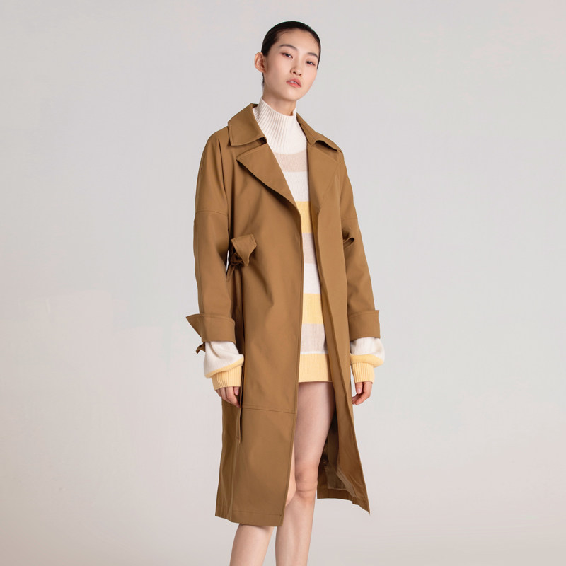 zoranzi庄子直筒长袖长款纯色系带涤纶翻领风衣风衣