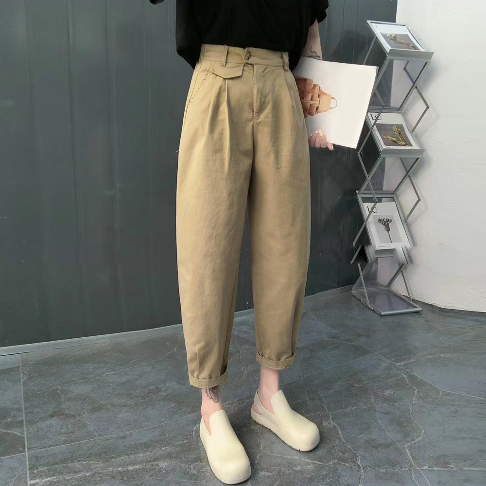 卡其色哈伦裤女早秋薄款宽松显瘦香蕉裤直筒九分裤萝卜老爹休闲裤