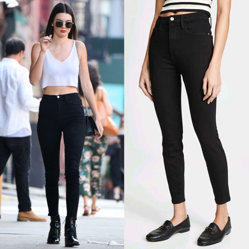 美国代购frame denim小脚牛仔裤女高腰高弹力黑色紧身九分铅笔裤