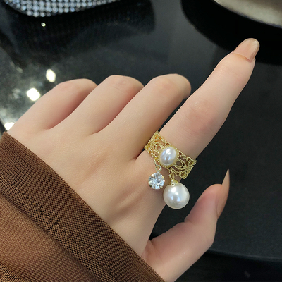 小众设计气质珍珠流苏开口戒指女复古ins潮轻奢法式时尚个性指环