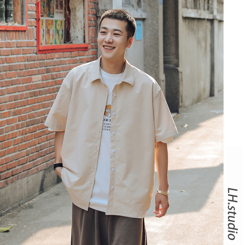日系中袖衬衫男夏季宽松休闲薄款百搭潮流复古简约衬衣男短袖bf风