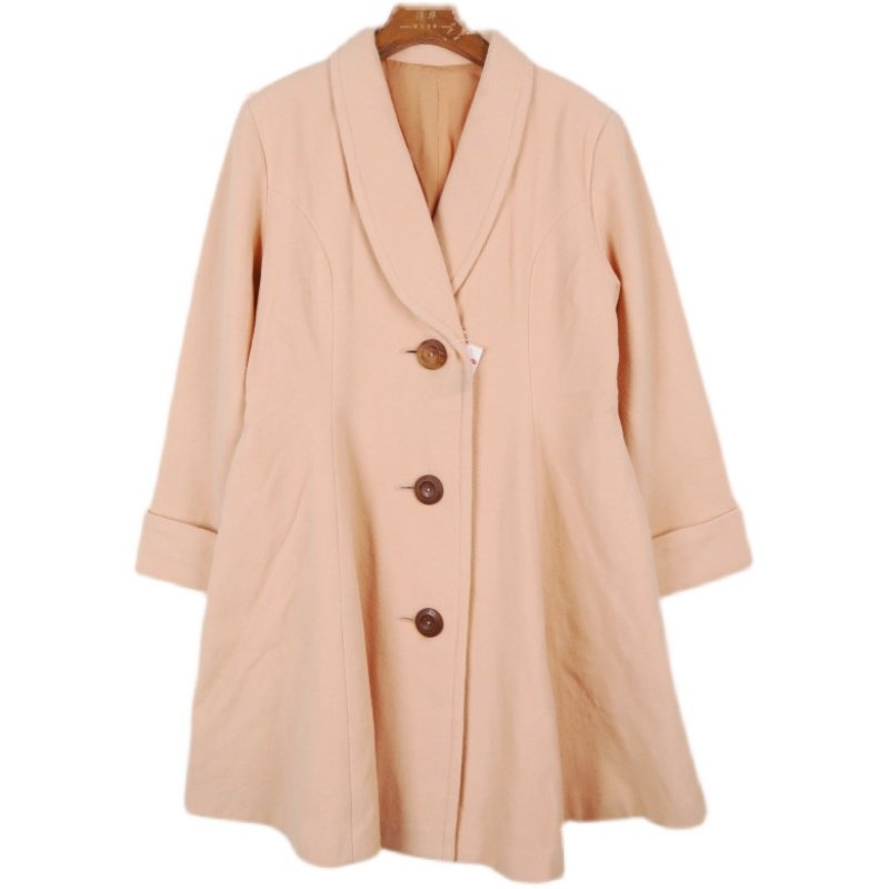 日系通勤淑女浅粉桔色青苹果领子纯羊羊毛呢子毛呢外套