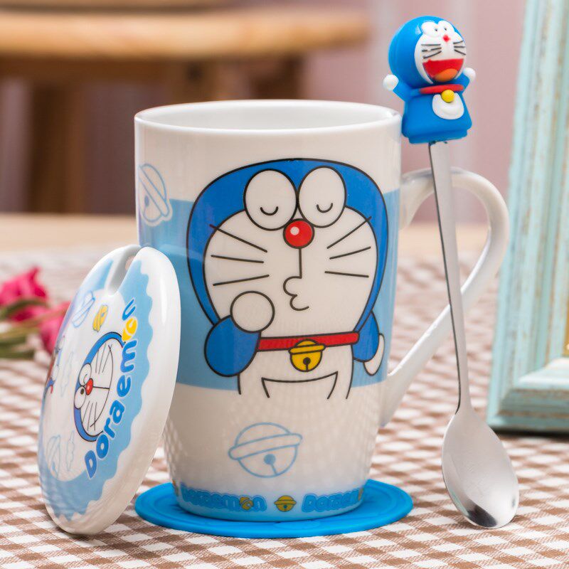 哆啦a梦叮当猫创意马克杯陶瓷水杯卡通杯子咖啡杯子情侣杯带盖勺